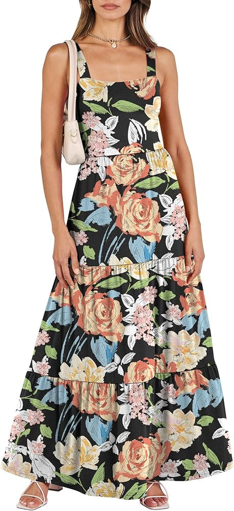 ANRABESS Women's Summer Casual Long Maxi Beach Vacation Dresses Sleeveless Square Neck Flowy Tier... | Amazon (US)