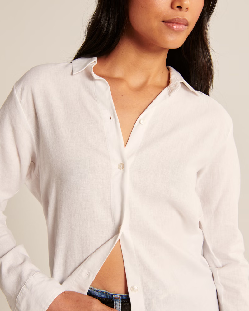 Women's Linen-Blend Relaxed Button-Up Shirt | Women's Clearance | Abercrombie.com | Abercrombie & Fitch (US)