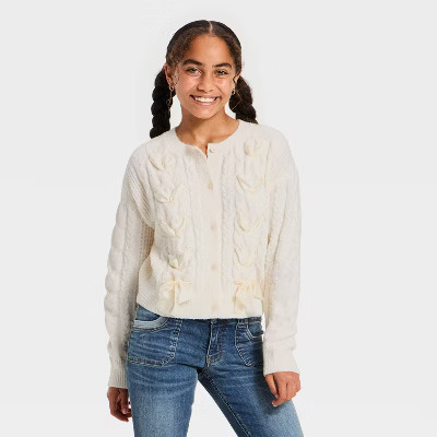 Girls' Cable Knit Ribbon Cardigan - art class™ Off-White S | Target