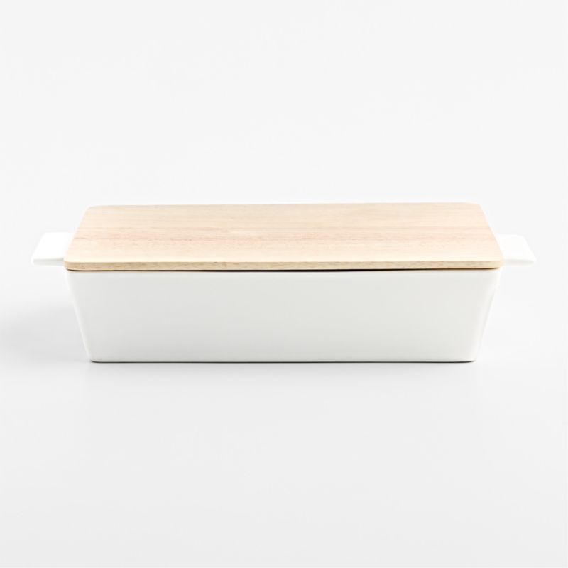 Large White Stoneware Baking Dish with Bamboo Lid | Crate & Barrel