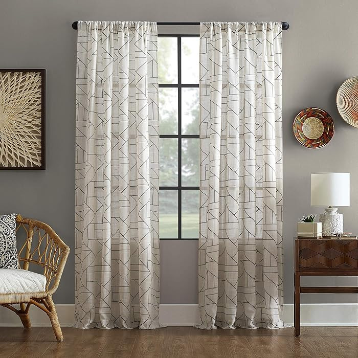Archaeo Fragmented Geometric Embroidery Mid-Century Modern Natural Linen Blend Curtain, 50" x 63"... | Amazon (US)