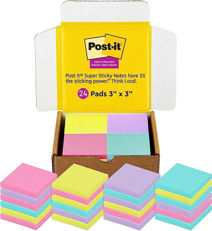 Post-it Super Sticky Notes, 3x3 in, 24 Pads/Pack, 70 Sheets/Pad, Amazon Exclusive Bright Color Co... | Amazon (US)