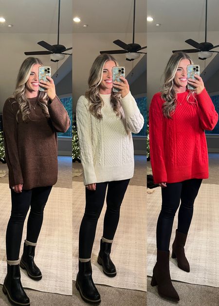 Cutest holiday tunic sweaters! So soft and stretchy. Bump friendly! Love the longer length - fully covers the front and the back. ⭐️ sized up 1 to the L. 
Boots TTS! 


#LTKfindsunder50 #LTKSeasonal #LTKHoliday