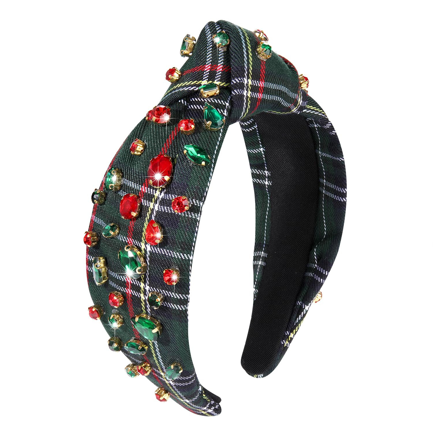 boderier Christmas Headbands for Women Green Plaid Headband Jeweled Crystal Wide Knotted Headband Xmas Holiday Party Hair Accessories Gifts (Green Plaid) | Amazon (US)