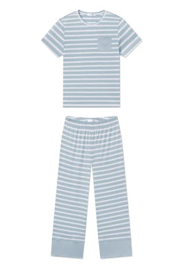 Pima Crew Wide Leg Pajama Set in Mixed Seabrook Stripe - S | Lake Pajamas