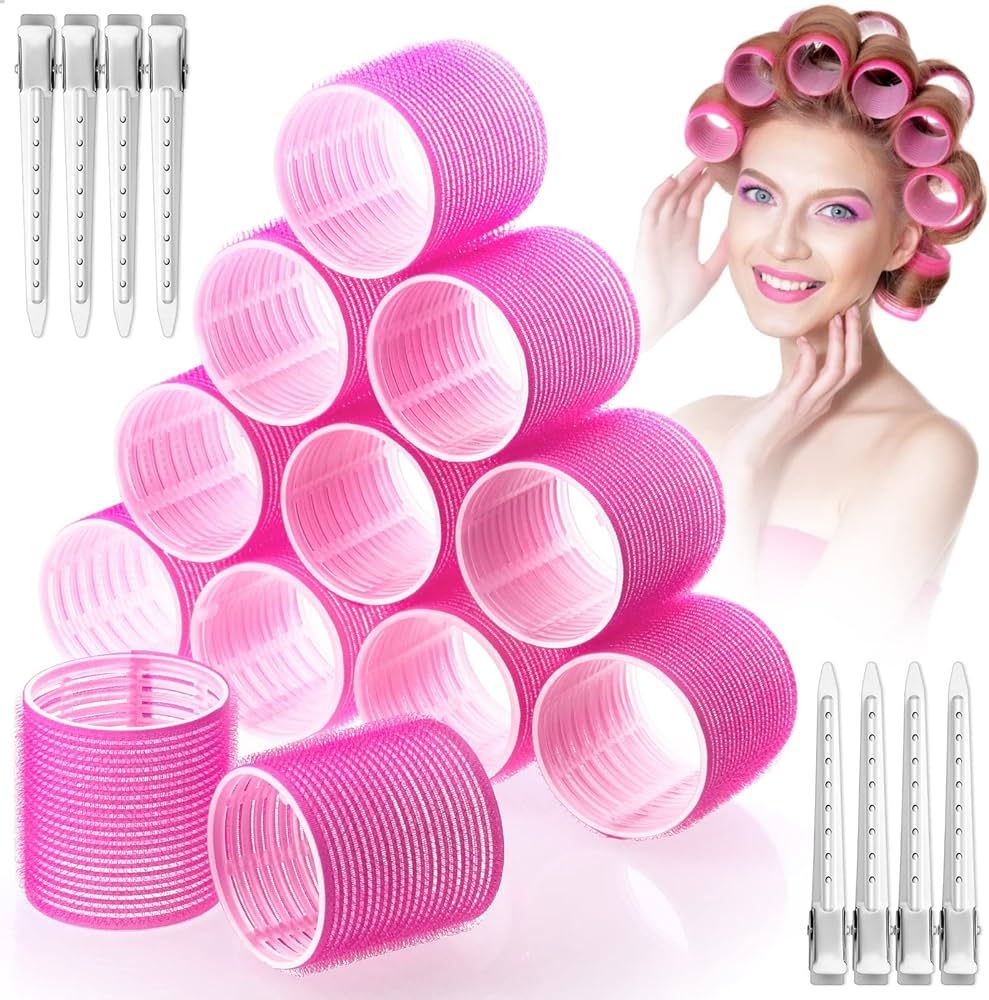 Jumbo Hair Curlers Rollers, 24Pcs Set with 12 Hair Curlers Self Grip Holding Rollers and 12 Stain... | Amazon (US)