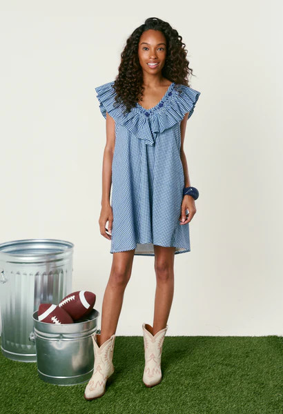 Andrea Gingham Azul Short Dress | Mi Golondrina