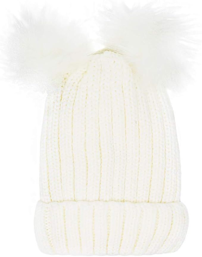 Me Plus Women's Winter Fleece Lined Chunky Cable Knitted Double Pom Pom Beanie Hat | Amazon (US)