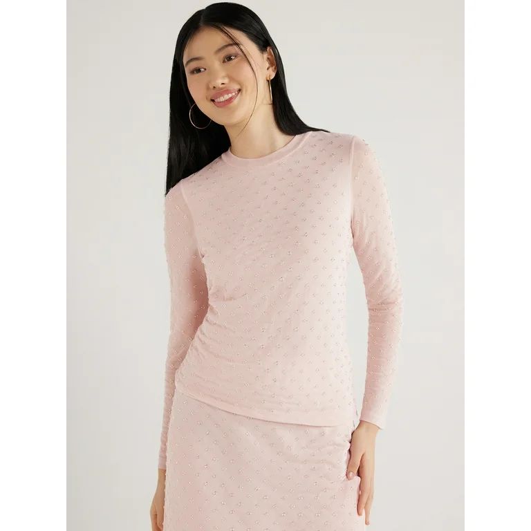Scoop Women’s Crystal Embellished Mesh Top, Sizes XS-XXL - Walmart.com | Walmart (US)