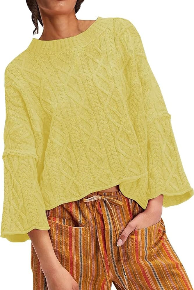 yoeasy Womens Cropped Sweaters Oversized Cable Knit Crewneck Long Sleeve Pullover Trendy Casual L... | Amazon (US)