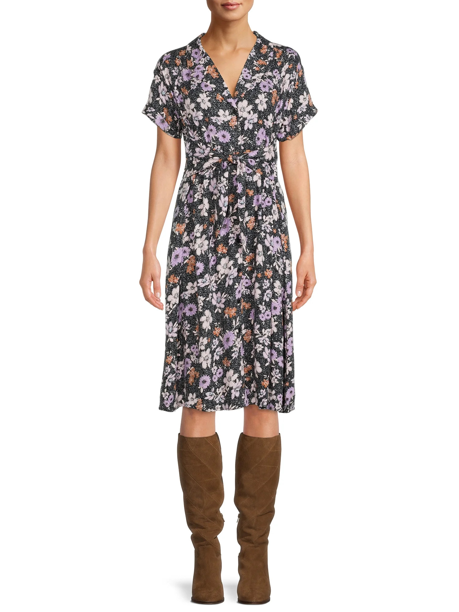 Time and Tru Women's Short Sleeve Woven Shirt Dress with Tie Front | Walmart (US)
