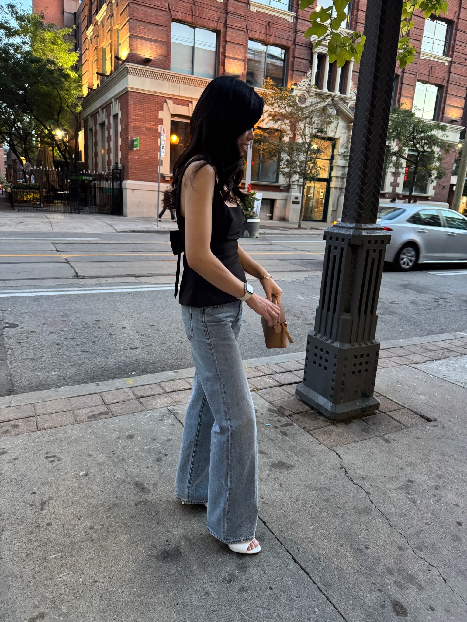 GNO outfit, dressed up jeans, wide leg jeans, low rise jeans, denim forum, aritzia, Loewe mini puzzle, white sandal, white pumps, black dressy top, structured black top, dinner outfit, date night outfit 

#LTKcanada #LTKstyletip #LTKsale