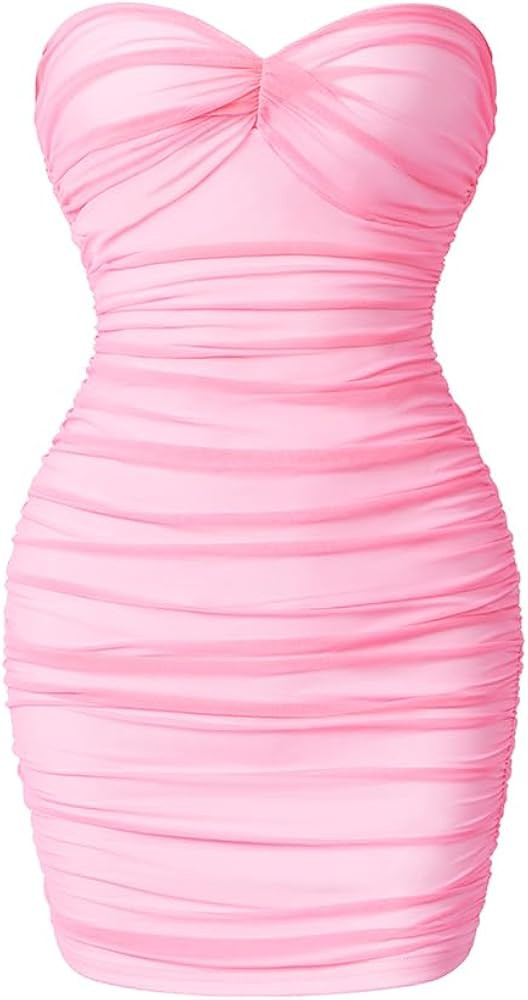 LAGSHIAN Women's Sexy Bodycon Mini Dress Sleeveless Sweetheart Neck Tube Mesh Ruched Short Dress | Amazon (US)