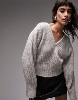 Topshop knitted ovoid sleeve rib sweater in oat | ASOS (Global)