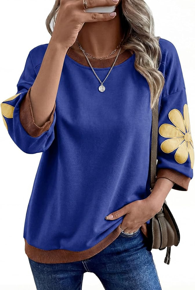 Dokotoo Women's Oversized 3/4 Sleeve Sweatshirt Floral Patch Crewneck Pullover Casual Tops | Amazon (US)