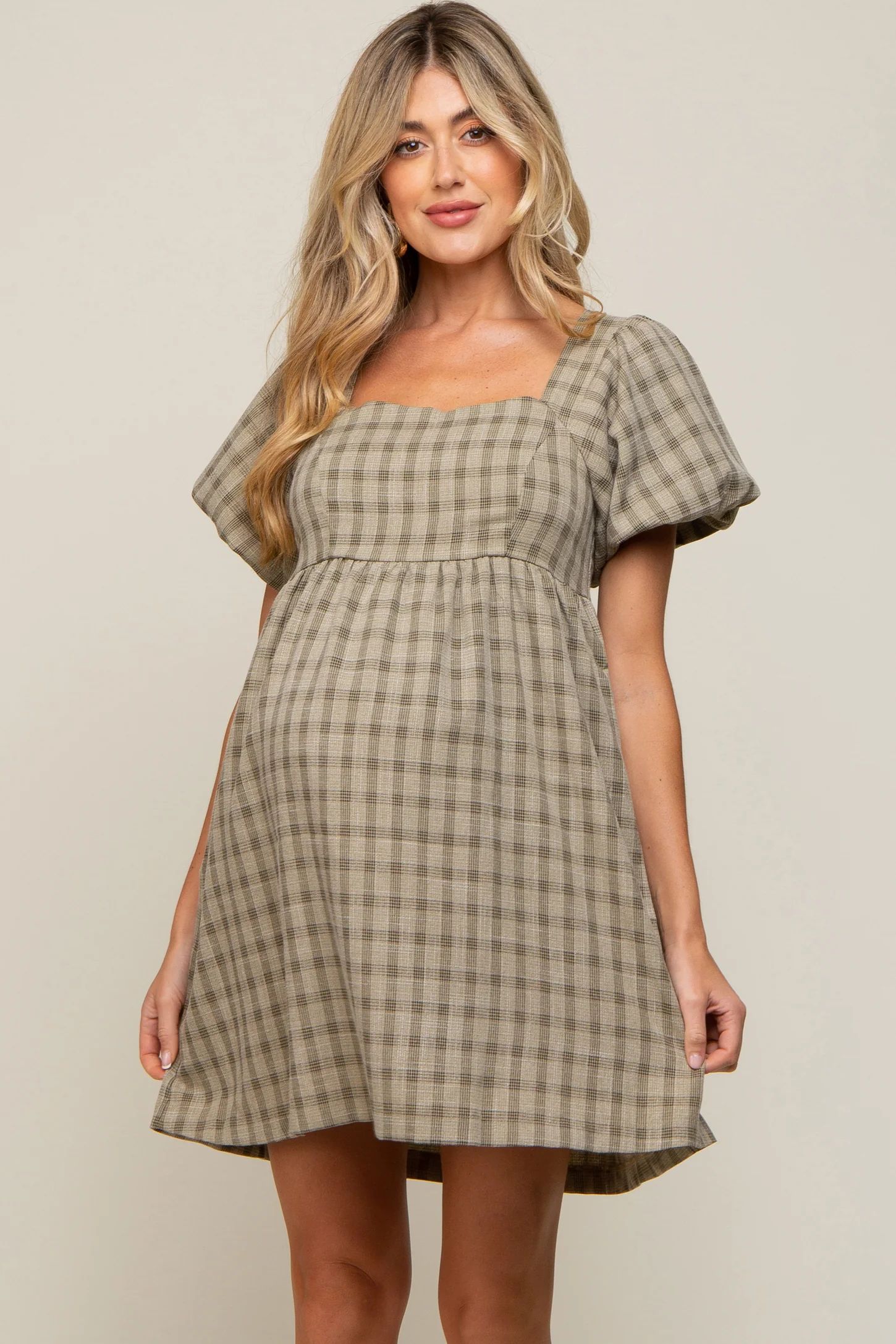 Light Olive Plaid Square Neck Short Puff Sleeve Maternity Dress | PinkBlush Maternity