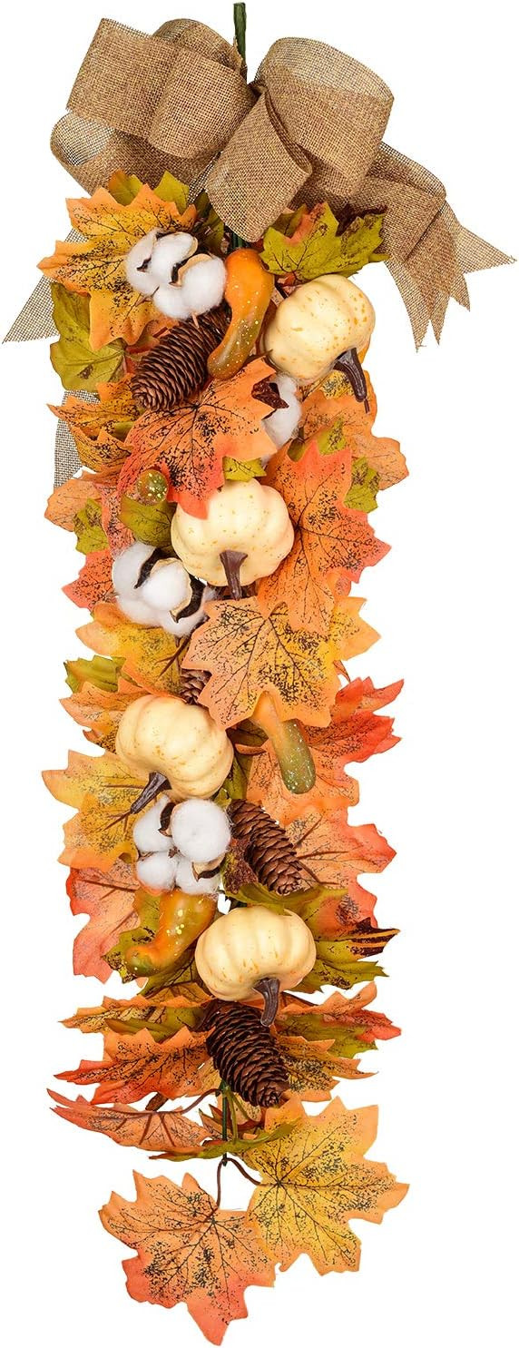 27Inch Artificial Fall Maple Swag, Decorative Swag with Autumn Leave,Pumpkin, Pine Cone,Cotton Ba... | Amazon (US)