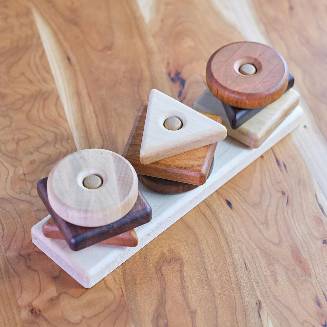 Trio Toddler Shape Stacker With 9 Wood Stacking Shapes - Circles, Triangles and Squares - 3 Woods... | Etsy (US)