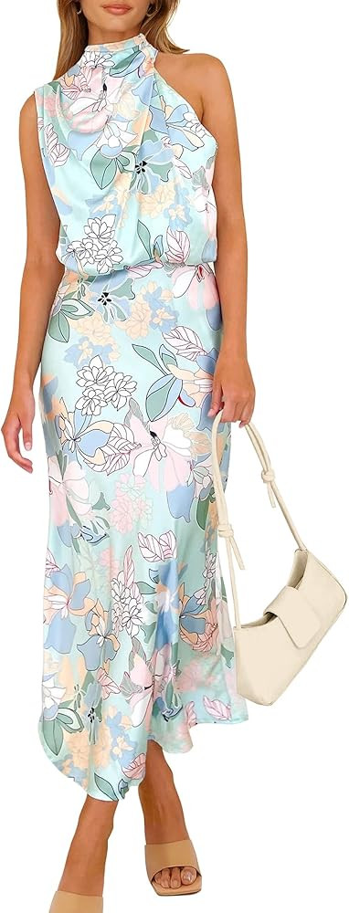 PRETTYGARDEN Women's 2025 Summer Satin Dress Elegant Sleeveless Mock Neck Cocktail Party Maxi Dre... | Amazon (US)
