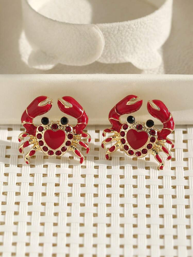 1pair Red Heart Shaped Crab Earrings, Cute Animal Stud Earrings For Beach Vacation, 3D Oceanic Cr... | SHEIN
