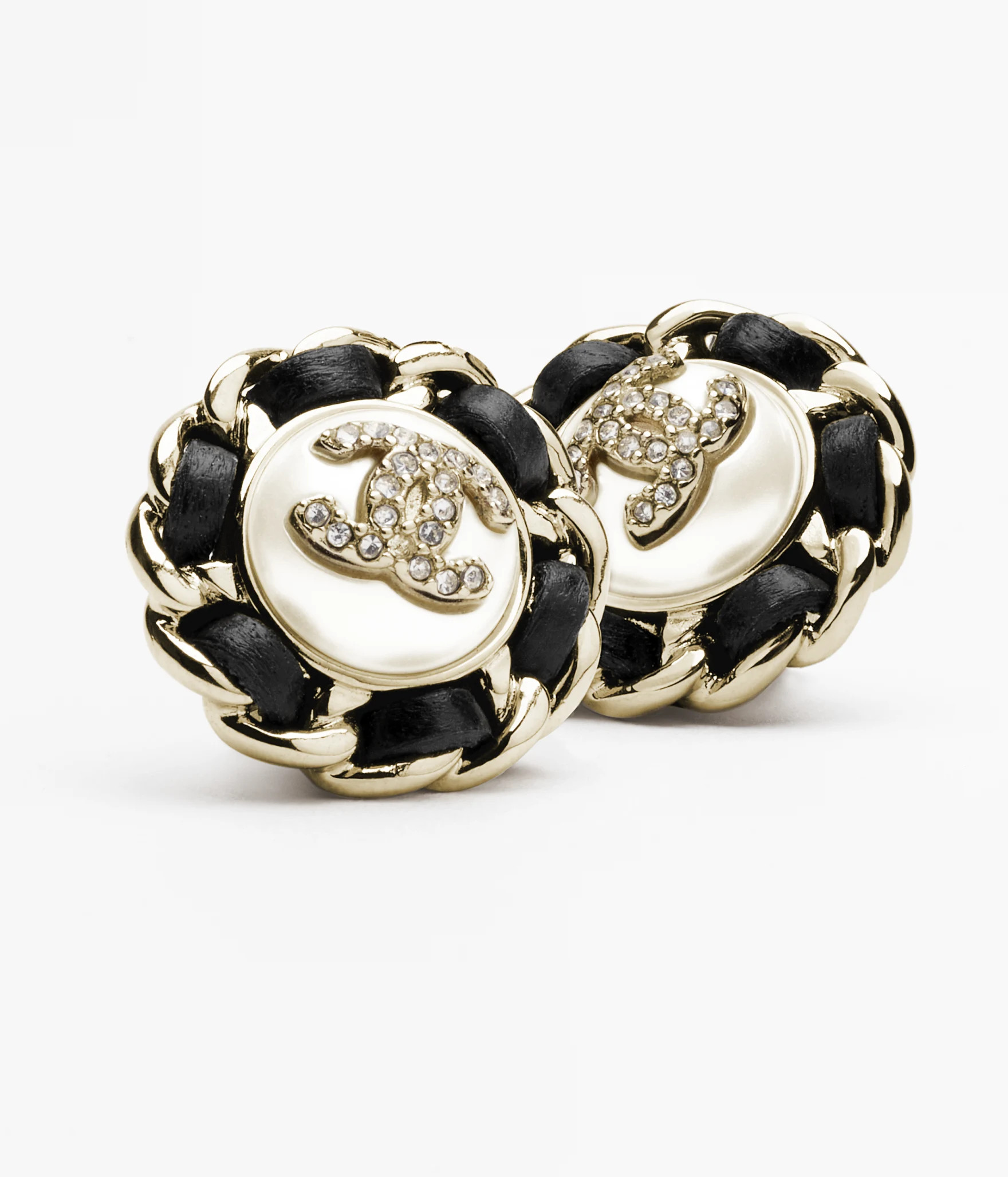 Stud earrings - Metal, lambskin, resin & strass, gold, black, pearly white & crystal — Fashion ... | Chanel, Inc. (US)