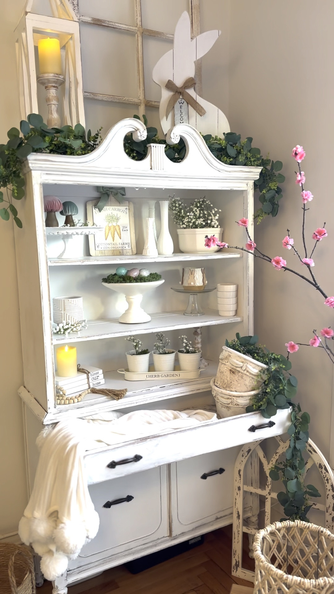 Here’s a super Springy hutch styling that is too cute friends!!! Don’t miss these super affordable Amazon velvet mushrooms!! They are just way too cute for anywhere you need a little extra something special for Spring! The white farmhouse wood bunny on the very top of the hutch is also super versatile & such a nice size to make a statement!!