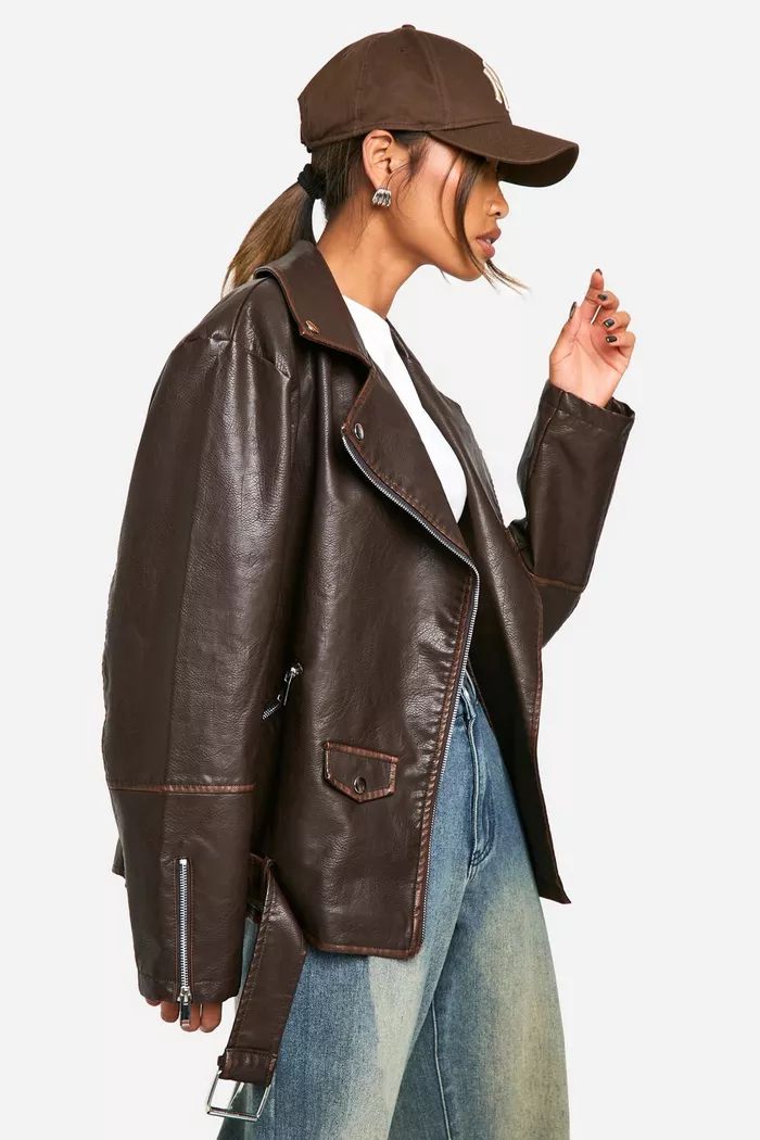 Vintage Wash Oversized Biker Jacket | Boohoo.com (UK & IE)