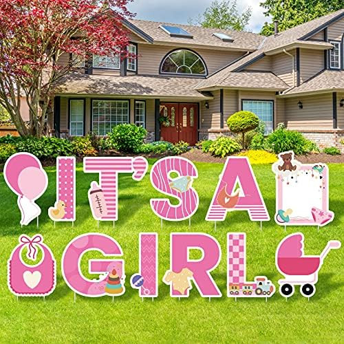 ELCOHO 12 Pack IT’S A Girl Pink Yard Signs with Stakes Includes Letters, Ballon, Baby Bottle, B... | Amazon (US)