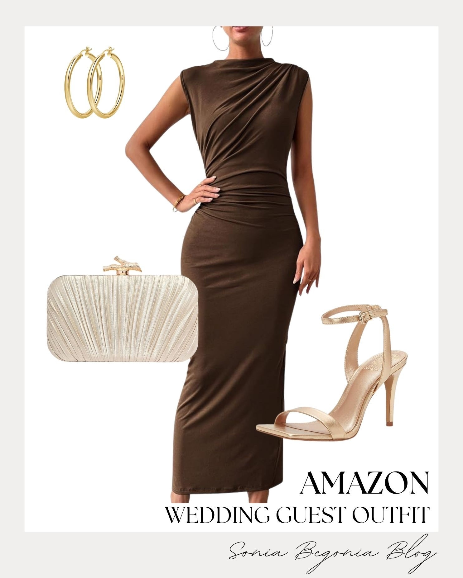 Elegant fall wedding guest look! 🤎 I styled a chic dark brown ruched sleeveless midi dress with a high neckline for a sleek silhouette.  
I paired it with metallic gold strappy heel sandals, a textured champagne clutch bag, and classic gold hoop earrings. ✨