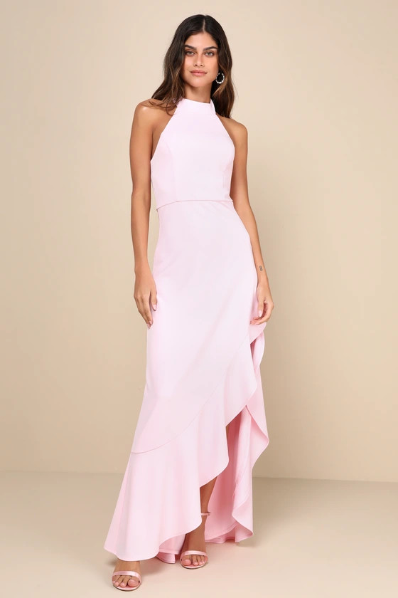 Majestic Perfection Light Pink Ruffled Halter Maxi Dress | Lulus