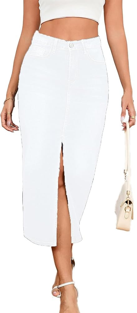 Women's Casual Jean Skirt High Waist Slit Midi Denim Skirt | Amazon (US)