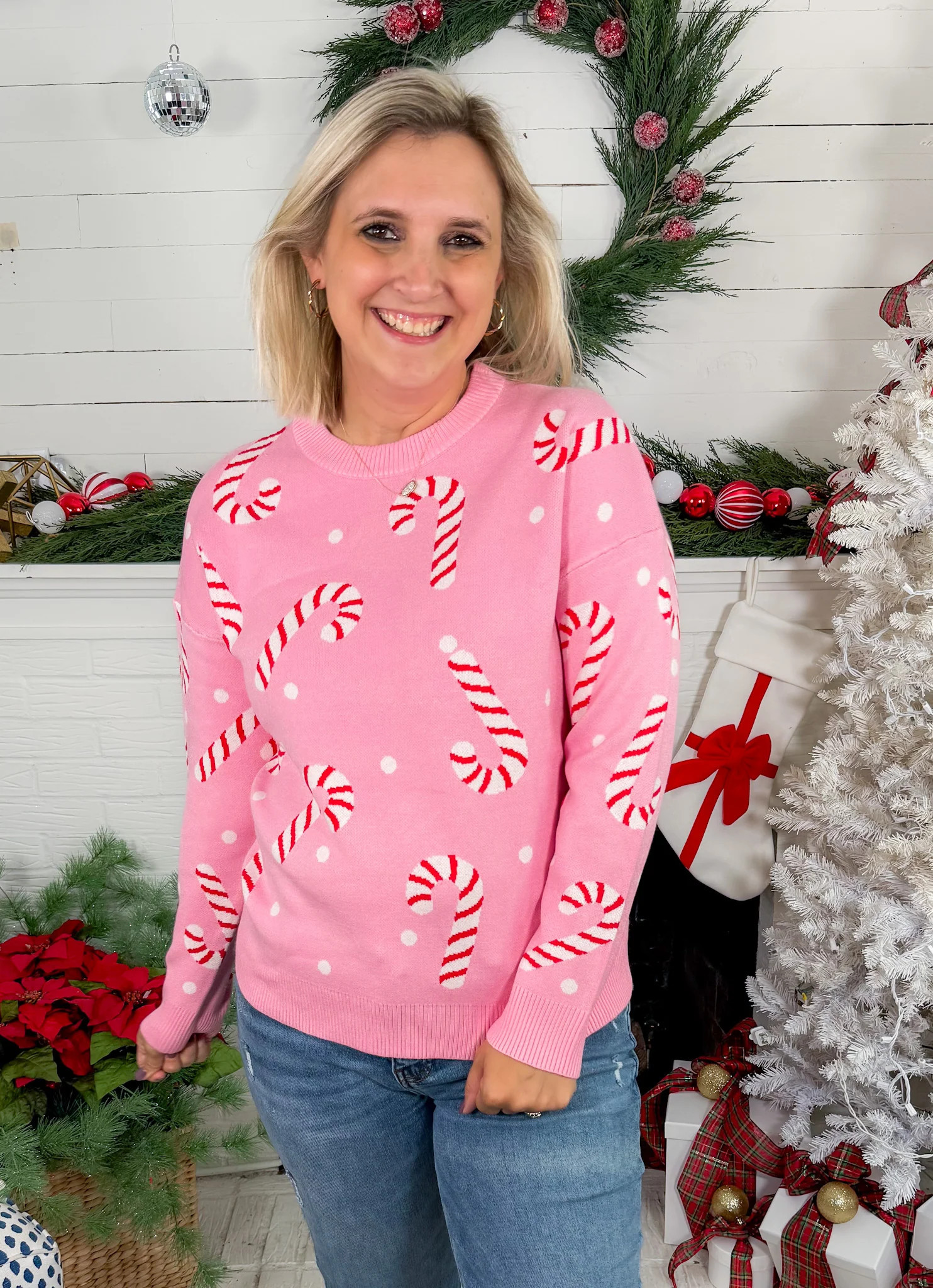 Moseley Pink Christmas Candy Cane Sweater Staccato | Clover and Bee | Clover + Bee