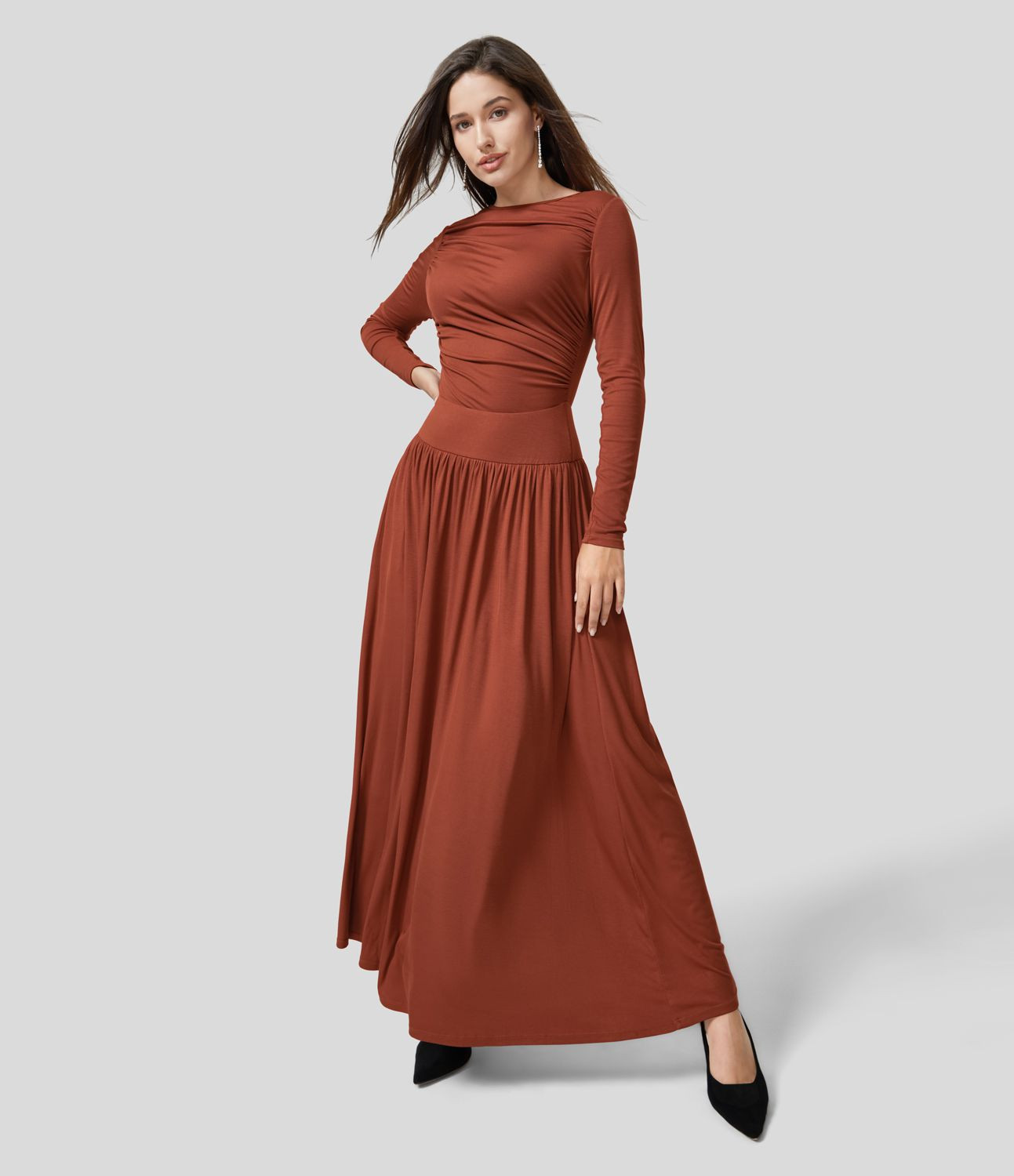 Women’s Ribbed Boat Neck Long Sleeve Ruched Side Pocket Flowy Maxi Casual Dress - Halara | HALARA