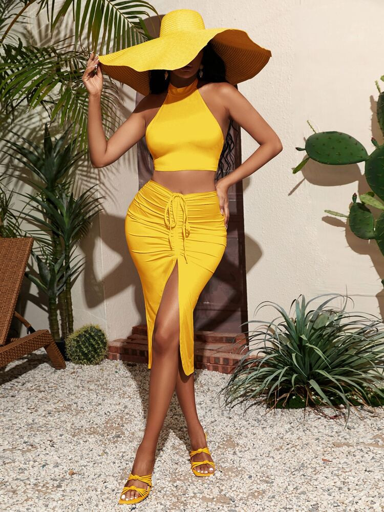 SHEIN SXY Tie Backless Halter Top & Drawstring Front Split Thigh Skirt | SHEIN