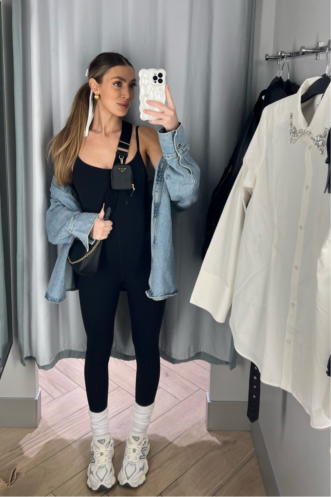 Casual Fall Day Outfit 🍂 | running some errands and trying a few pieces shopping so I always pick out a one piece jumpsuit! 
Amazon jumpsuit size: XS, Levis Denim jean button up jacket size: L, Amazon bow, socks & earrings & New Balance 9060s tennis shoes 🥰 

#LTKtravel #LTKstyletip #LTKfindsunder50