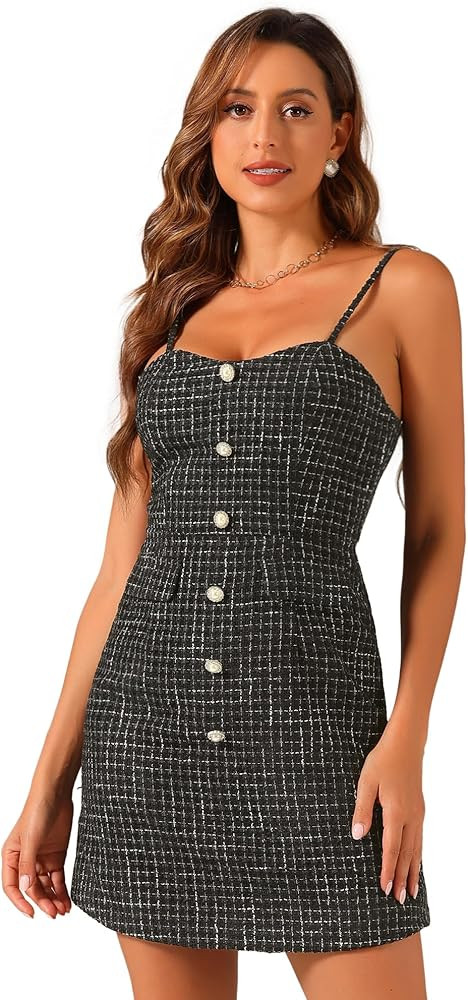 Allegra K Plaid Dress for Women's Button Decor Spaghetti Strap Tweed Dresses | Amazon (US)