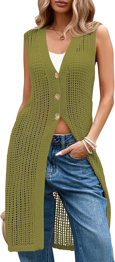 Cakulo Womens Sleeveless Crochet Cardigans Beach Cover Up 2025 Summer Fall Fashion Long Knit Swea... | Amazon (US)