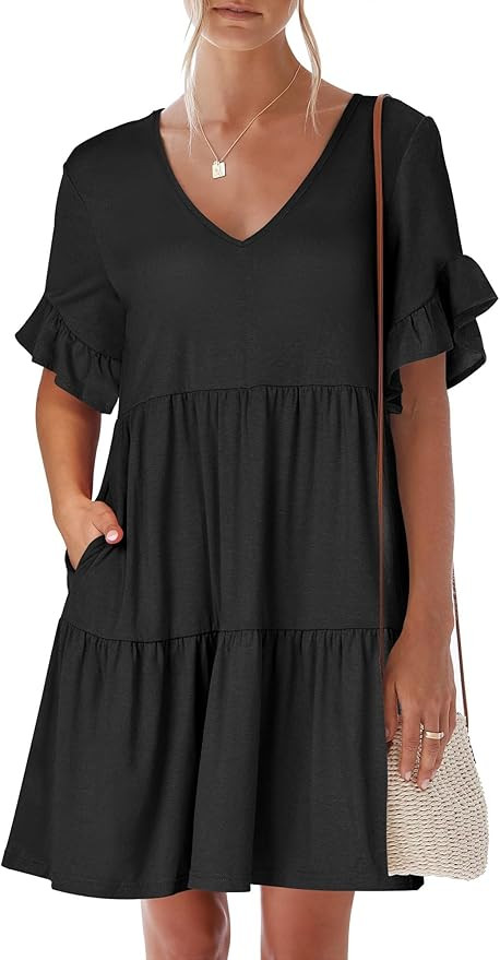 ANRABESS Dresses for Women Summer 2026 V Neck Ruffle Sleeve A Line Tiered Flowy Casual Trendy Min... | Amazon (US)