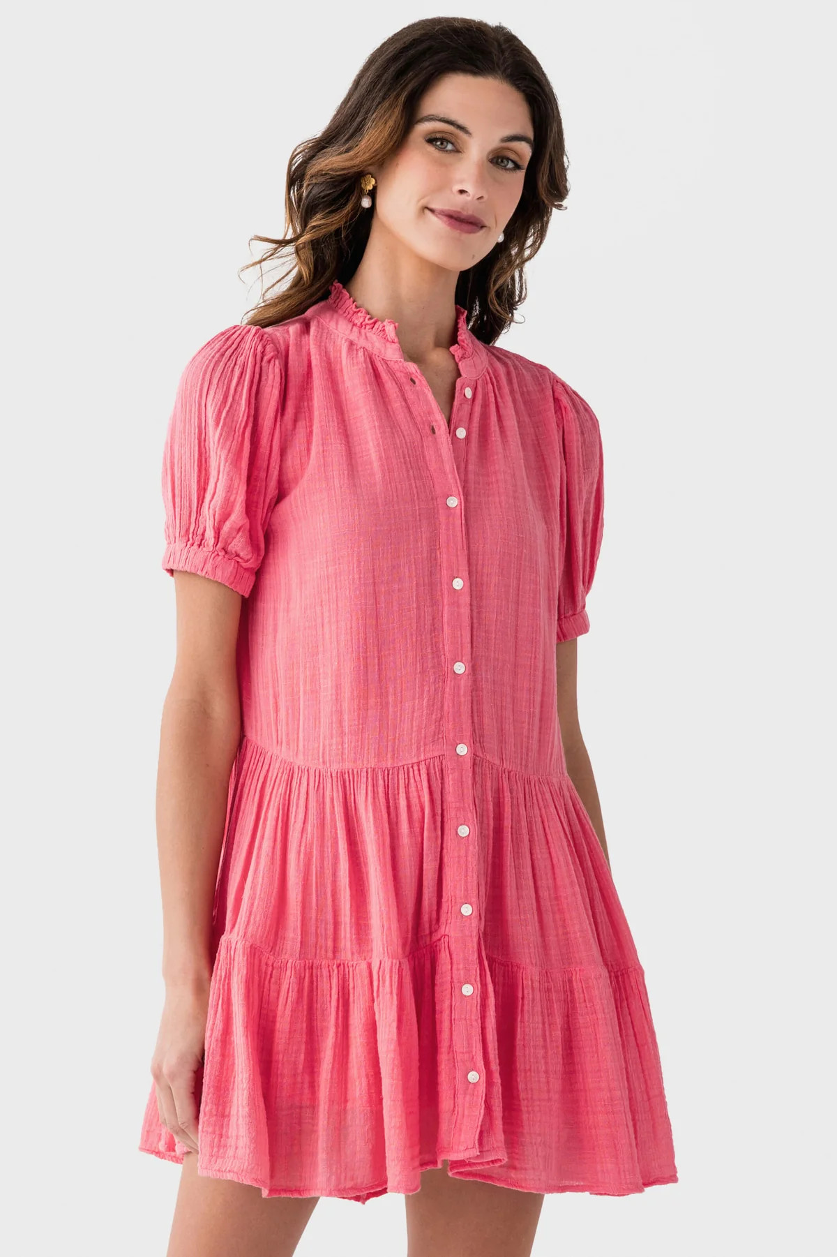Elan Ruffle Neck Tiered Gauze Dress | Social Threads