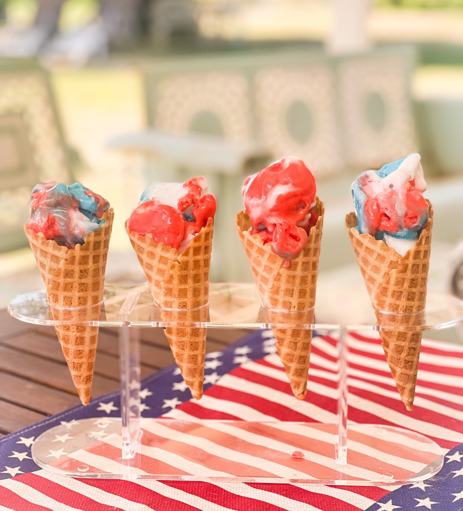 4th of July party decor. 4th of July ice cream. 4th of July table runner. Red white and blue. Summer decor. Stars and Stripes. Ice cream cone holder. Acrylic cone holder. Vintage metal glider. Walmart home. Walmart 4th of July. Walmart finds. Amazon home. Amazon finds. Amazon summer essentials. Etsy finds. Vintage furniture. Vintage patio furniture for summer. ❤️🤍💙🇺🇸 

#LTKhome #LTKSeasonal #LTKFind
