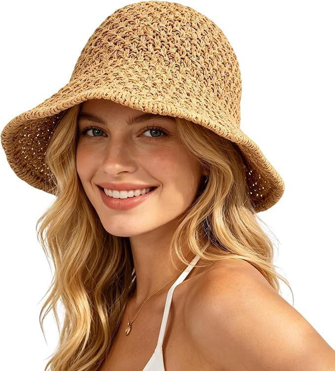 Sun Hat for Women Summer Straw Beach Hats Floppy Crochet Hat UV Protection Travel Bucket Hat Fold... | Amazon (US)