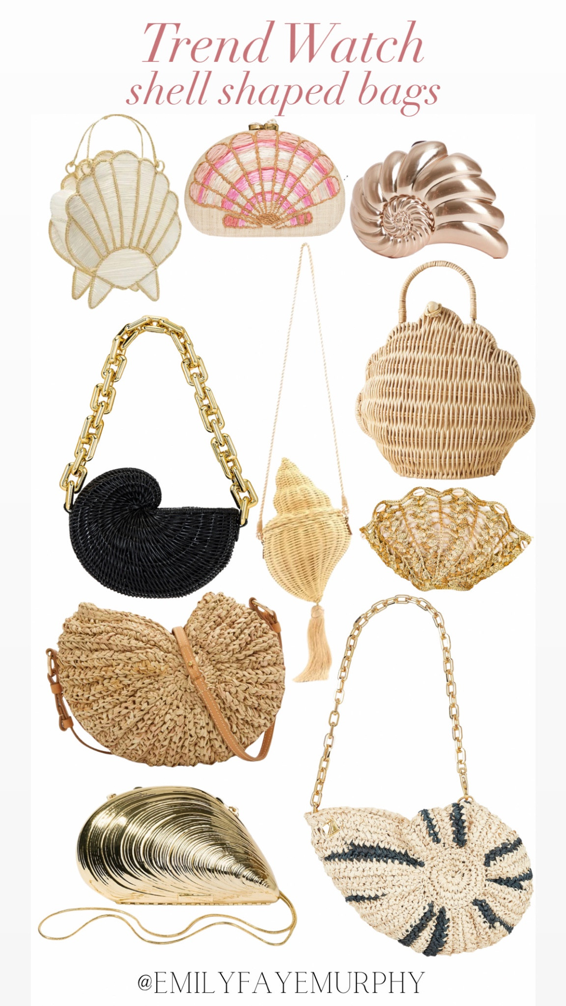 Trend Watch — Shell Shaped Bags 🐚 Snag yours in time for summer! Perfect for vacation & beyond. Shop these styles & more below. Follow for fashion + family: @EmilyFayeMurphy 🤍

#LTKshoecrush
#LTKSeasonal
#LTKitbag #LTKunder50
#LTKFind #LTKcurves
#LTKbaby #LTKwedding
#LTKsalealert #LTKFind
#LTKstyletip #LTKswim
#LTKtravel
#LTKunder100
#LTKmens #LTKfit
#LTKkids #LTKFestival
#LTKworkwear
#LTKhome #LTKbeauty
#LTKbump #LTKfamily
#LTKGiftGuide 

white dress // white dresses // Mother’s Day // country concert // sandals // wedding // wedding guest // spring // summer // trend // trending // trends // formal // evening // night out // dresses // Taylor Swift Concert // Amazon // affordable // sale // designer // home // home decor // cocktail dress // maternity // gift guide // gift ideas // raffia // straw // bags // purse // denim // white denim // trip // beach // vacation // bachelorette // nashville // Mexico // Florida // honeymoon // bride // bridesmaid // bridal // platforms // heels // sneakers // flats // jewelry // gold // pearl // jeans // jacket // tops // shorts // skirt // pants // set // loungewear // fitness // active // accessories // handbag // tote // swim // swimwear // swimsuit // rehearsal dinner // formal // black tie // classic // under 50 // under 100 // GRWM // date night // graduation // baby shower // bridal shower // beauty // makeup // hair // fashion // OOTD // travel // Nashville outfit // outdoor furniture // patio furniture // dupe // luxury // brand name // fine goods // save 


home products//kitchen//kitchen products//cookware//coffee//home goods//home finds//home products//kitchen//kitchen products//cookware//coffee//home goods//home finds//bedding//bedroom//LTKHome//sale//deal//spring trends//home goods//sheets//
