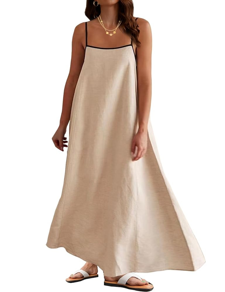 Womens Summer Maxi Dress 2025 Spaghetti Strap Dress Linen Sleeveless Backless Flowy Long Beach Dr... | Amazon (US)