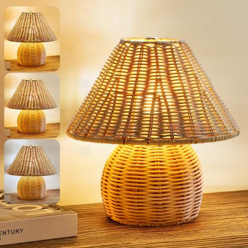 Bamboo Table Lamp Handmade Boho Rattan Bedside Lamp,3 Colors Adjustable Vintage Wicker Wooden Nightstand Lamp with E26 Bulb for Bedroom Living Room Desk Entrance | Amazon (US)