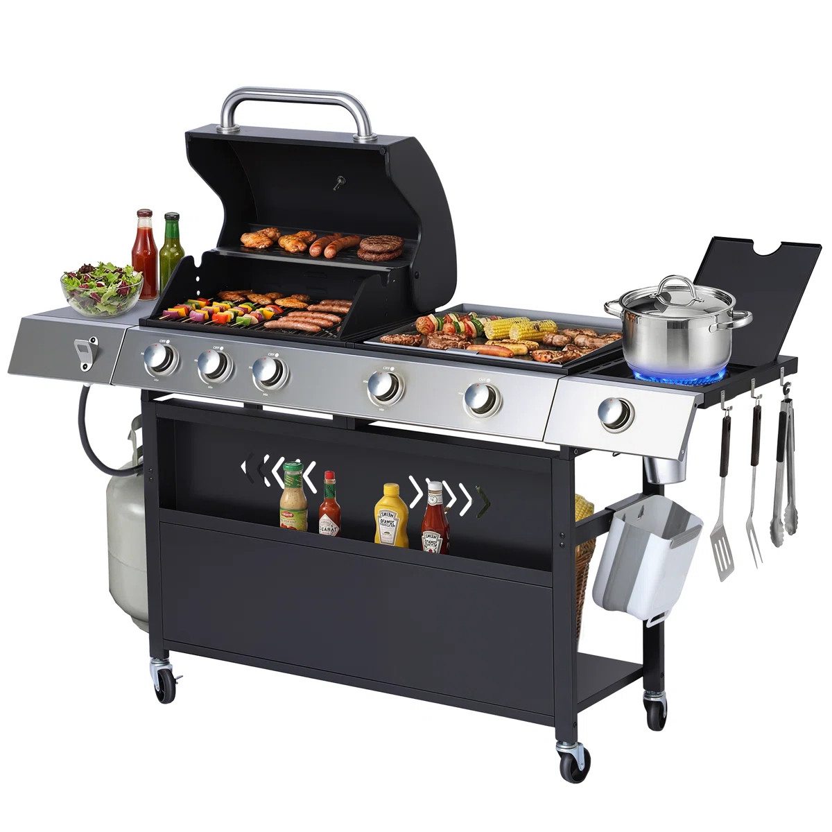 5 Burner Gas Grill Griddle Combo With Side Burner, 3 In 1 Propane Gas Bbq Grill With Enameled Cas... | Wayfair North America