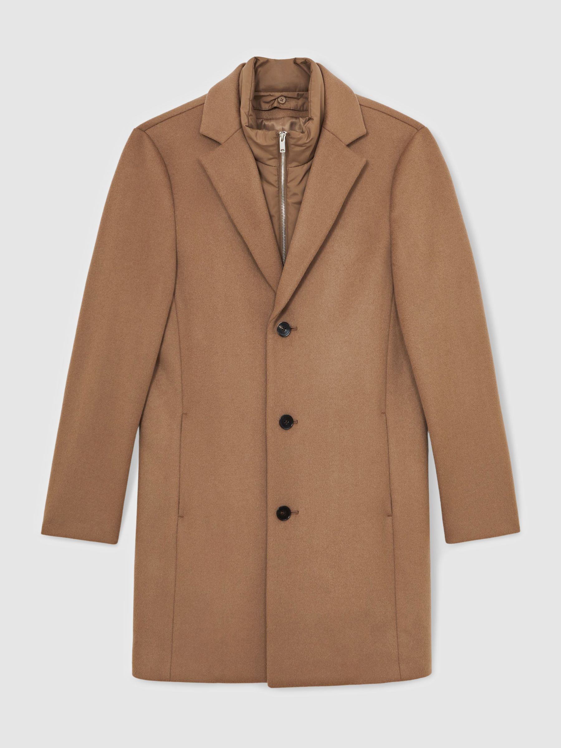 Wool-Blend Internal-Gilet Overcoat in Light Brown | Reiss UK