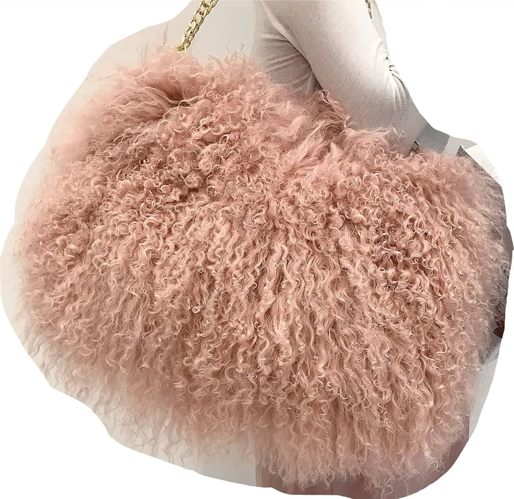 ME-01 Big Fluffy Fur Handbag With Real Mongolian Lamb Fur Long Curly Hair And Long Exchangeable S... | Amazon (US)