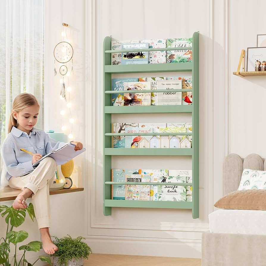 FOTOSOK Kids Bookshelf, Wall Mount 4-Tier Book Shelf Organizer for Toys and Books, Toy Storage Bo... | Amazon (US)