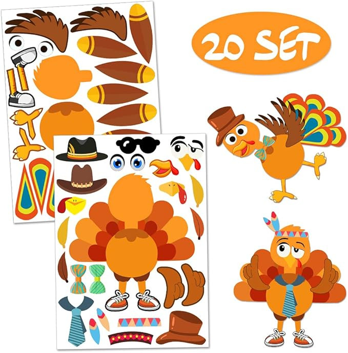 Make-A-Turkey Stickers Thanksgiving Party Games/Favors/Supplies for Kids Crafts - 20 Set | Amazon (US)