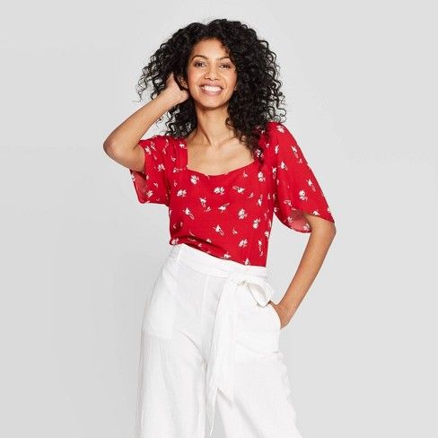 Women's Floral Print Short Sleeve Square Neck Top - A New Day™ Red | Target
